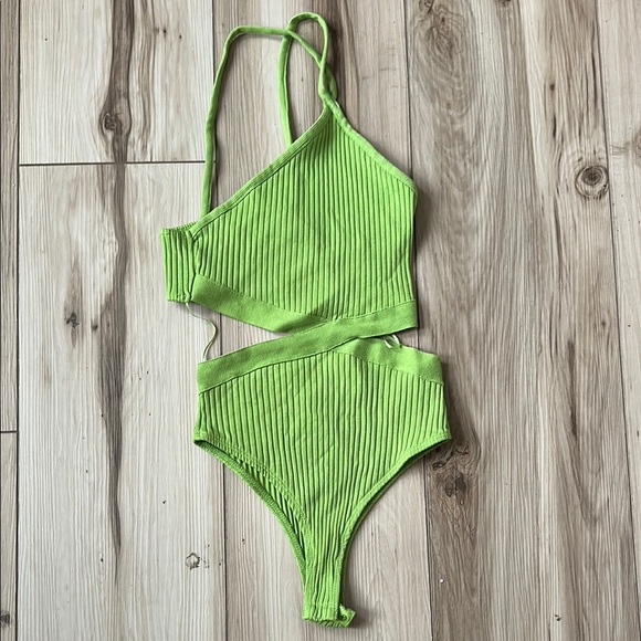 ZARA WOMENS Green Ribbed Cutout BodySuit / One Piece - Picture 1 of 10